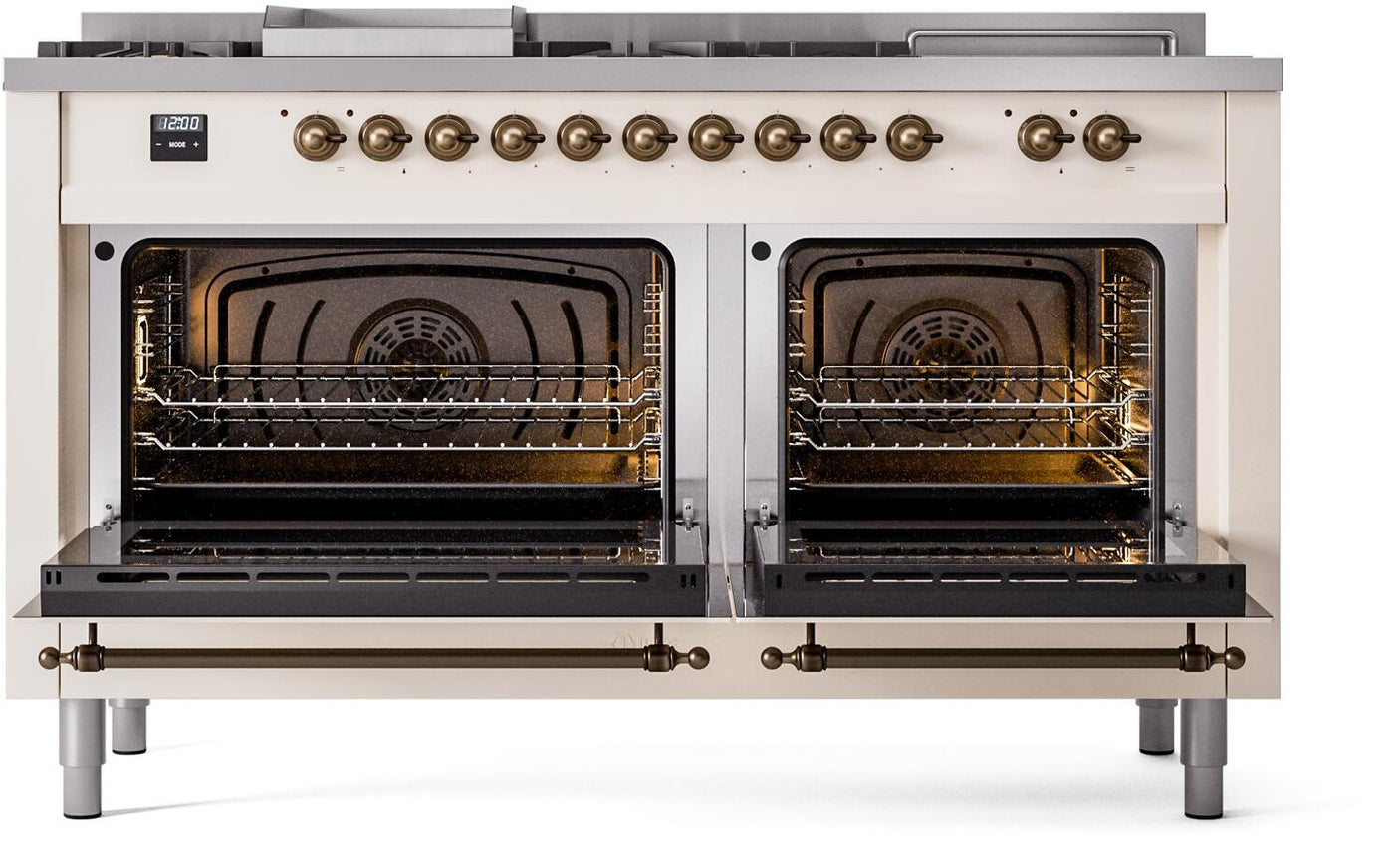 Nostalgie II 60 Inch Dual Fuel Natural Gas Freestanding Range in Antique White with Bronze Trim