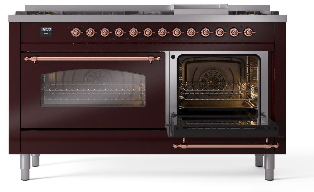 Nostalgie II 60 Inch Dual Fuel Natural Gas Freestanding Range in Burgundy with Copper Trim