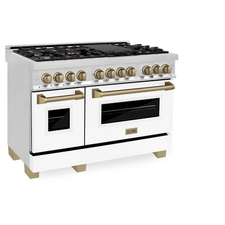 ZLINE Autograph Edition 48" 6.0 cu. ft. Dual Fuel Range with Gas Stove and Electric Oven in Stainless Steel with White Matte Door with Accents (RAZ-WM-48) [Color: Champagne Bronze]