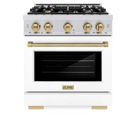 ZLINE Autograph Edition 30 in. 4.2 cu. ft. Select Dual Fuel Range with 4 Burner Gas Cooktop and Electric Convection Oven in DuraSnow' Stainless Steel with White Matte Door and Champagne Bronze Accents (HDRSZ-WM-30-CB)