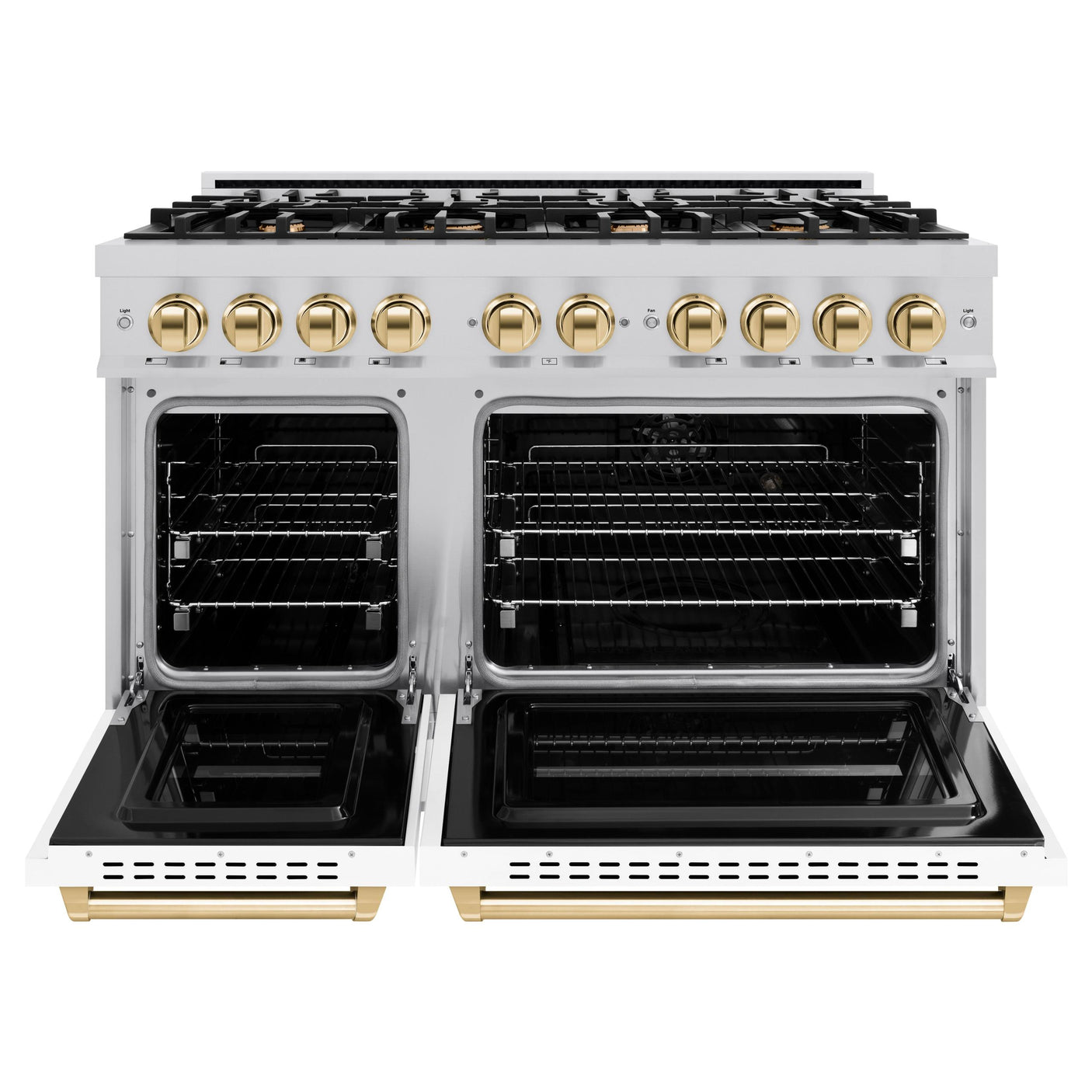 ZLINE Autograph Edition 48 in. 6.7 cu. ft. Classic Double Oven Gas Range with 8 Burner Cooktop in Stainless Steel with White Matte Doors and Polished Gold Accents (CGRZ-WM-48-G)