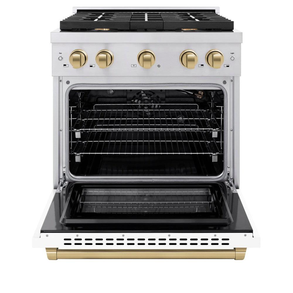 ZLINE Autograph Edition 30 in. 4.2 cu. ft. Paramount Dual Fuel Range with 4 Burner Gas Cooktop and Electric Convection Oven in Stainless Steel with White Matte Door and Champagne Bronze Accents (SDRZ-WM-30-CB)