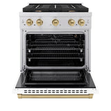 ZLINE Autograph Edition 30 in. 4.2 cu. ft. Paramount Dual Fuel Range with 4 Burner Gas Cooktop and Electric Convection Oven in Stainless Steel with White Matte Door and Champagne Bronze Accents (SDRZ-WM-30-CB)