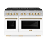 ZLINE Autograph Edition 48 in. 6.7 cu. ft. 8 Burner Double Oven Gas Range in DuraSnow' Stainless Steel with White Matte Doors and Polished Gold Accents (SGRSZ-WM-48-G)