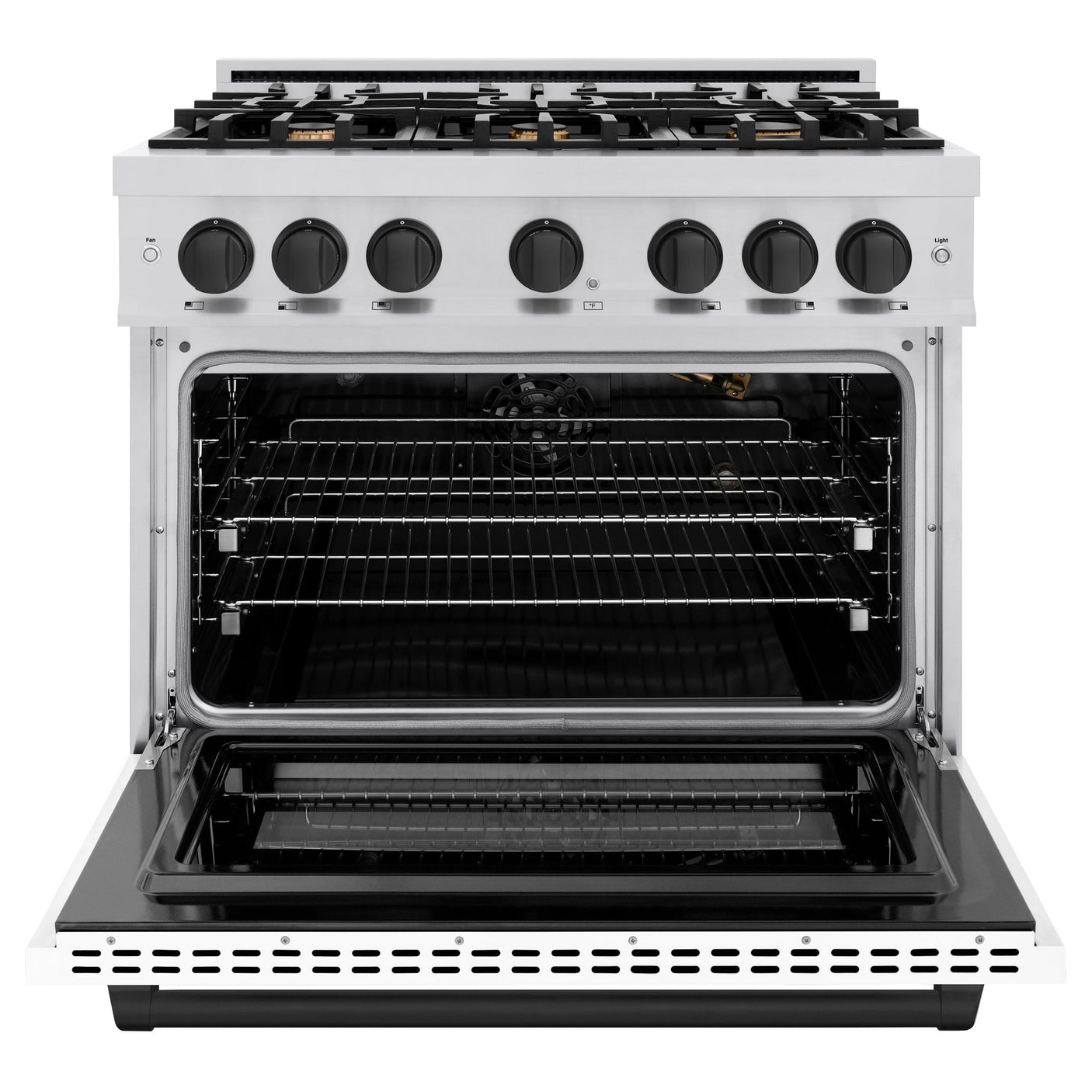 ZLINE Autograph Edition 36 in. 5.2 cu. ft. Select Gas Range with 6 Burner Cooktop and Convection Gas Oven in Stainless Steel with White Matte Door and Matte Black Accents (HGRZ-WM-36-MB)