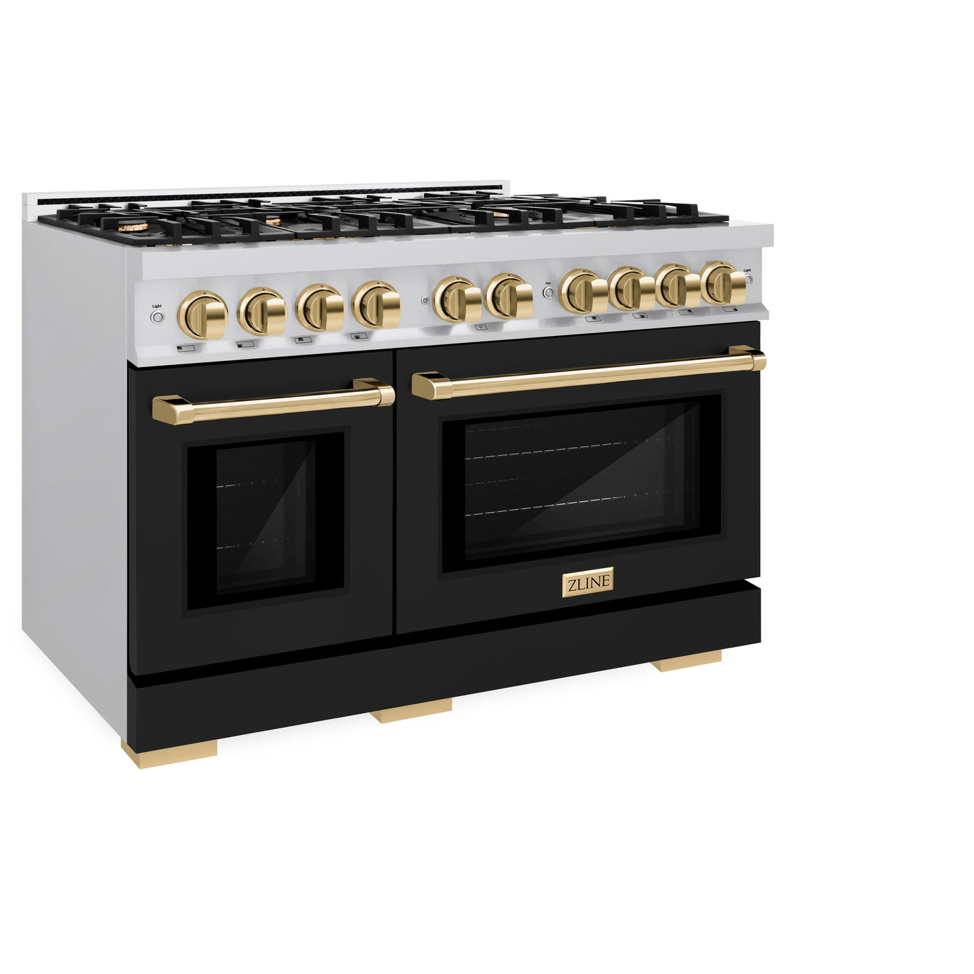 ZLINE Autograph Edition 48 in. 6.7 cu. ft. Select Double Oven Dual Fuel Range with 8 Burner Gas Cooktop in Stainless Steel with Black Matte Doors and Polished Gold Accents (HDRZ-BLM-48-G)