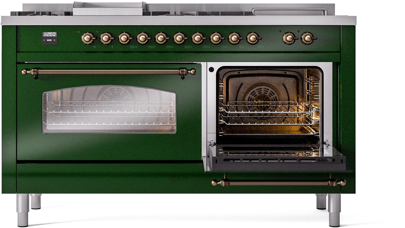 Nostalgie II 60 Inch Dual Fuel Liquid Propane Freestanding Range in Emerald Green with Bronze Trim