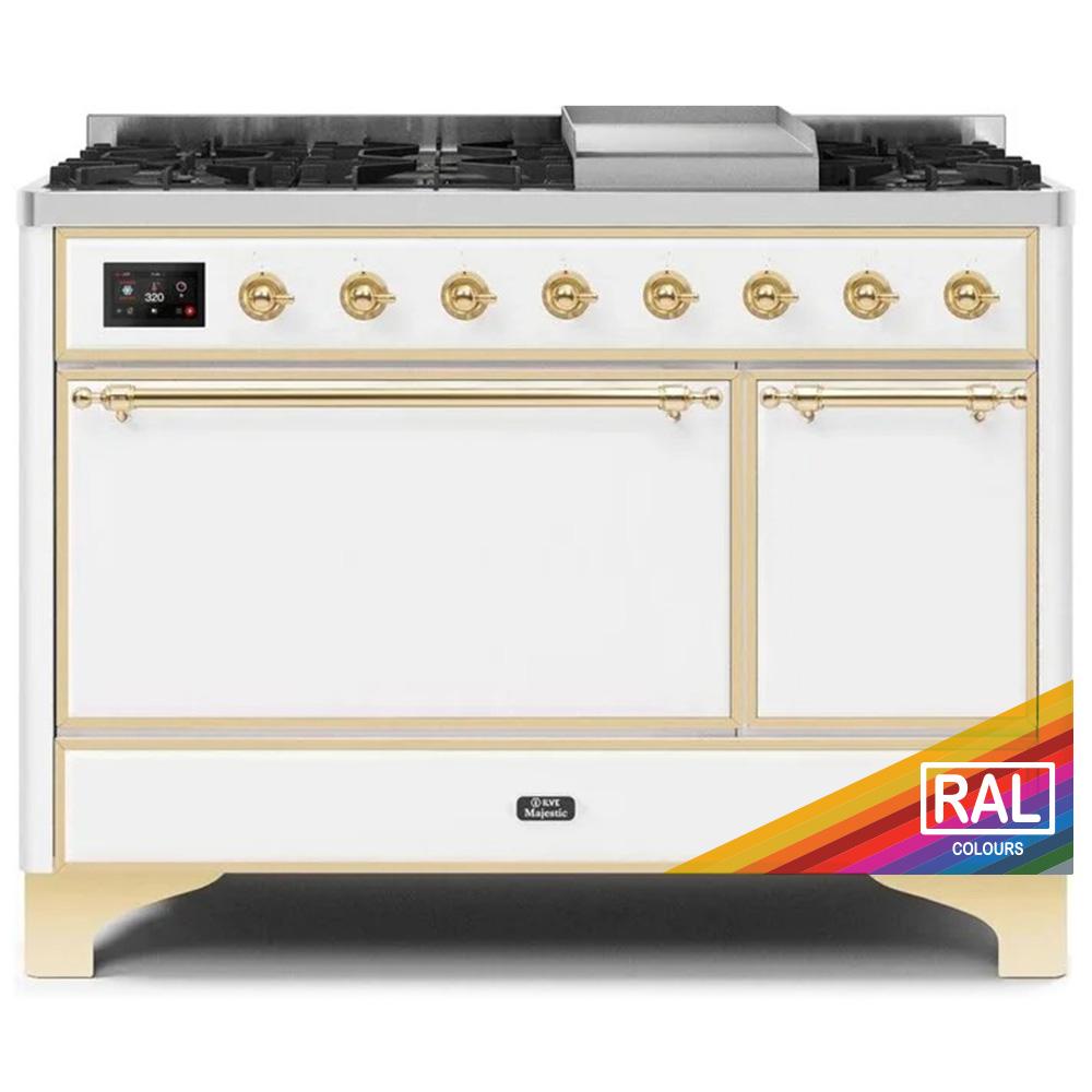 ILVE Majestic II 48 UM12FDQNS3RAG Freestanding Dual Fuel Range with 8 Sealed Burners Yes Double Oven with Solid Door in RAL Color with Brass knobs