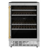 ZLINE 24" Autograph Edition Dual Zone 44-Bottle Wine Cooler in Stainless Steel with Wood Shelf and Polished Gold Accents (RWVZ-UD-24-G)