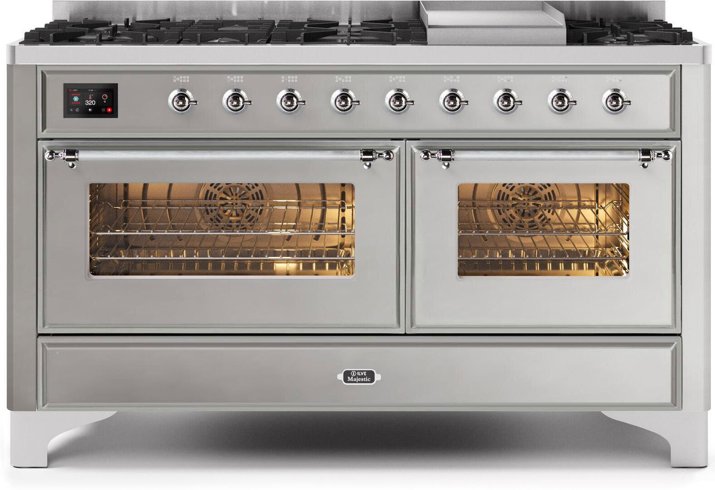 Majestic II 60 Inch Dual Fuel Natural Gas Freestanding Range in Stainless Steel with Chrome Trim