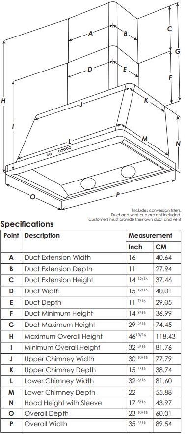 Majestic 36 Inch Matte Graphite Wall Mount Convertible Range Hood