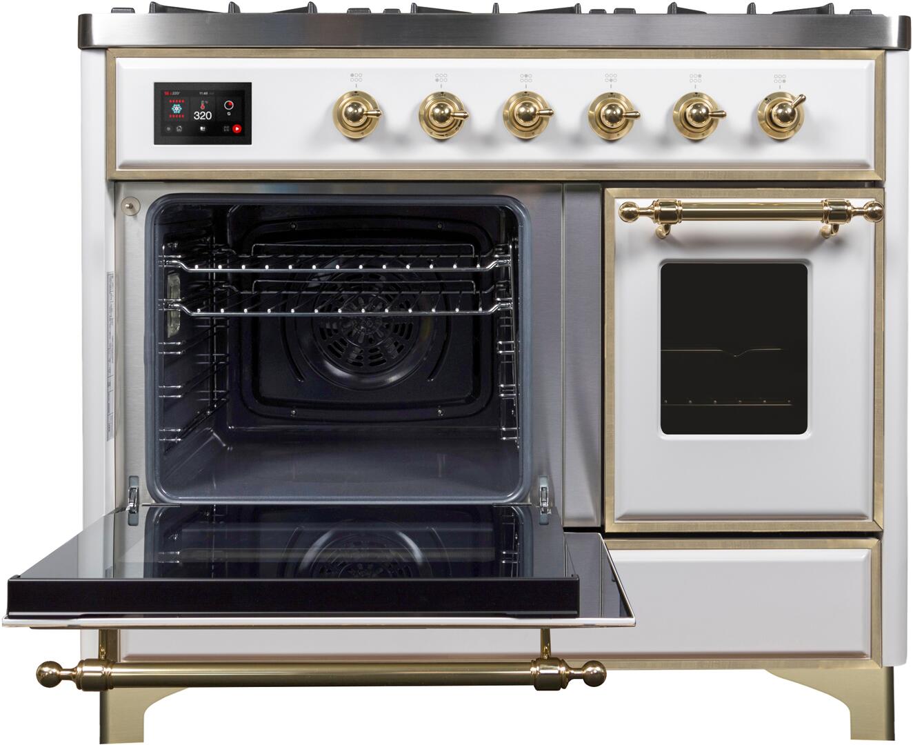 Majestic II 40 Inch Dual Fuel Natural Gas Freestanding Range in White with Brass Trim