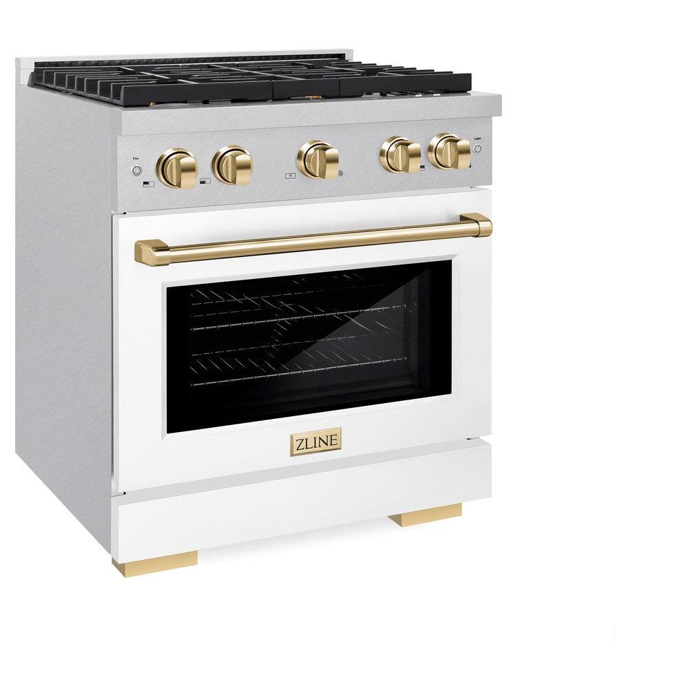 ZLINE Autograph Edition 30 in. 4.2 cu. ft. Paramount Dual Fuel Range with 4 Burner Gas Cooktop and Electric Convection Oven in DuraSnow' Stainless Steel with White Matte Door and Polished Gold Accents (SDRSZ-WM-30-G)