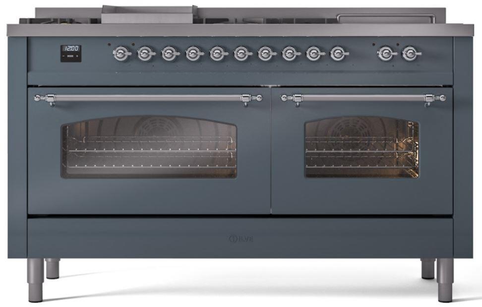 Nostalgie II 60 Inch Dual Fuel Natural Gas Freestanding Range in Blue Grey with Chrome Trim