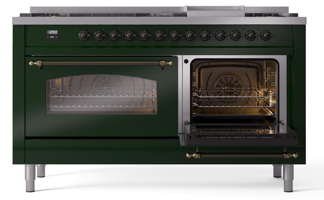 Nostalgie II 60 Inch Dual Fuel Natural Gas Freestanding Range in Emerald Green with Bronze Trim