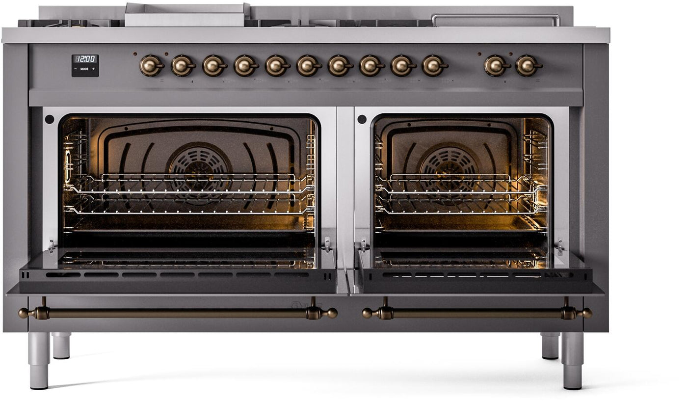 Nostalgie II 60 Inch Dual Fuel Natural Gas Freestanding Range in Matte Graphite with Bronze Trim