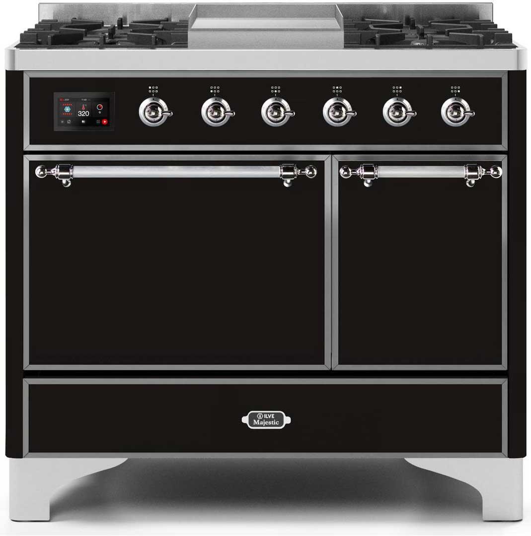 Majestic II 40 Inch Dual Fuel Natural Gas Freestanding Range in Glossy Black with Chrome Trim