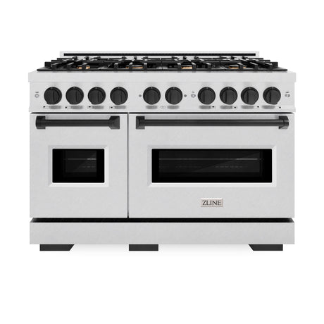 ZLINE Autograph Edition 48 in. 6.7 cu. ft. Classic Double Oven Dual Fuel Range with 8 Burner Gas Cooktop in DuraSnow' Stainless Steel and Matte Black Accents (CDRSZ-48-MB)