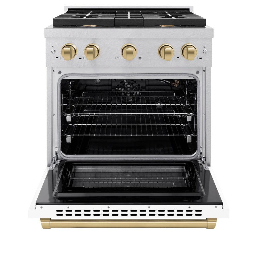 ZLINE Autograph Edition 30 in. 4.2 cu. ft. Paramount Dual Fuel Range with 4 Burner Gas Cooktop and Electric Convection Oven in DuraSnow' Stainless Steel with White Matte Door and Champagne Bronze Accents (SDRSZ-WM-30-CB)