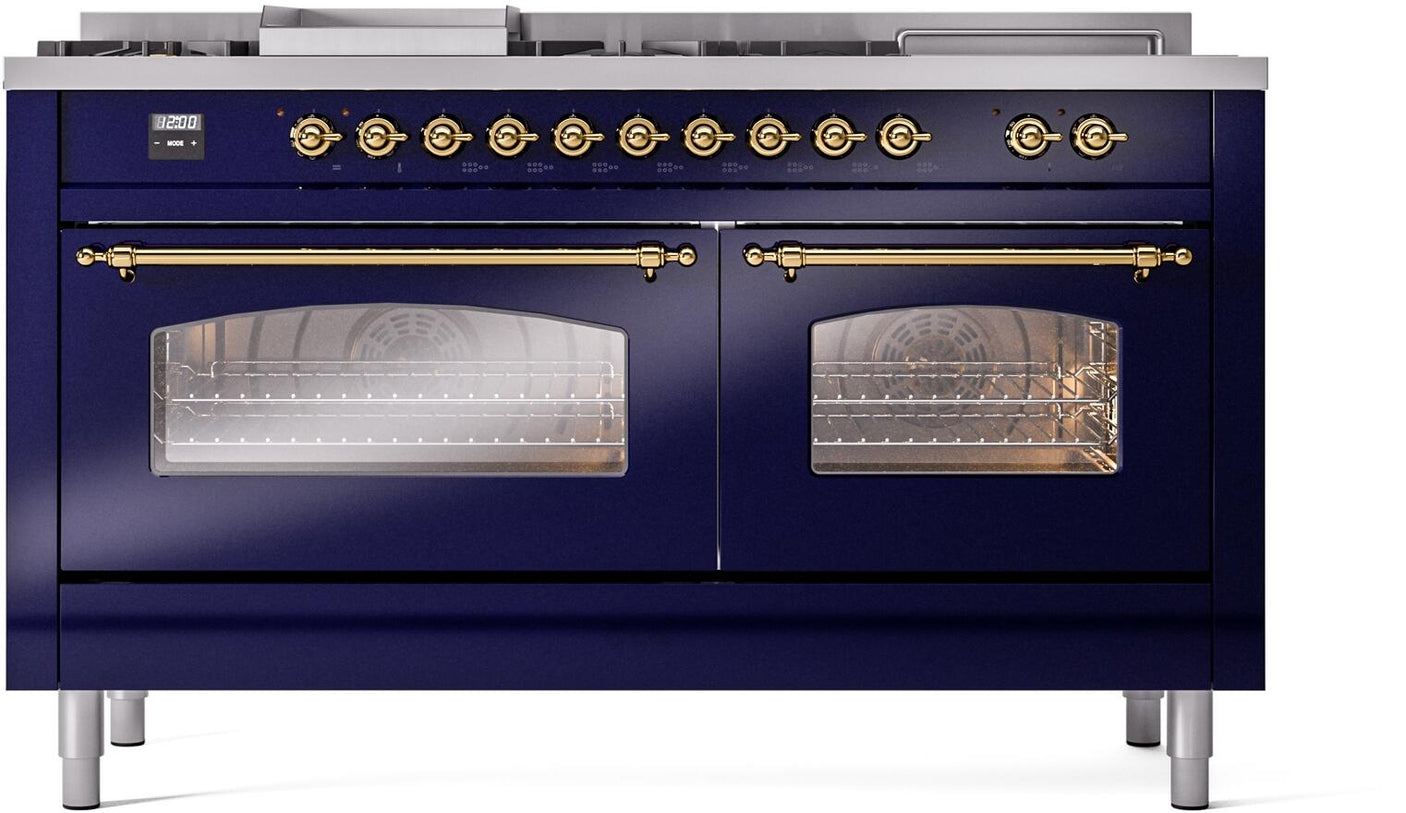 Nostalgie II 60 Inch Dual Fuel Liquid Propane Freestanding Range in Blue with Brass Trim