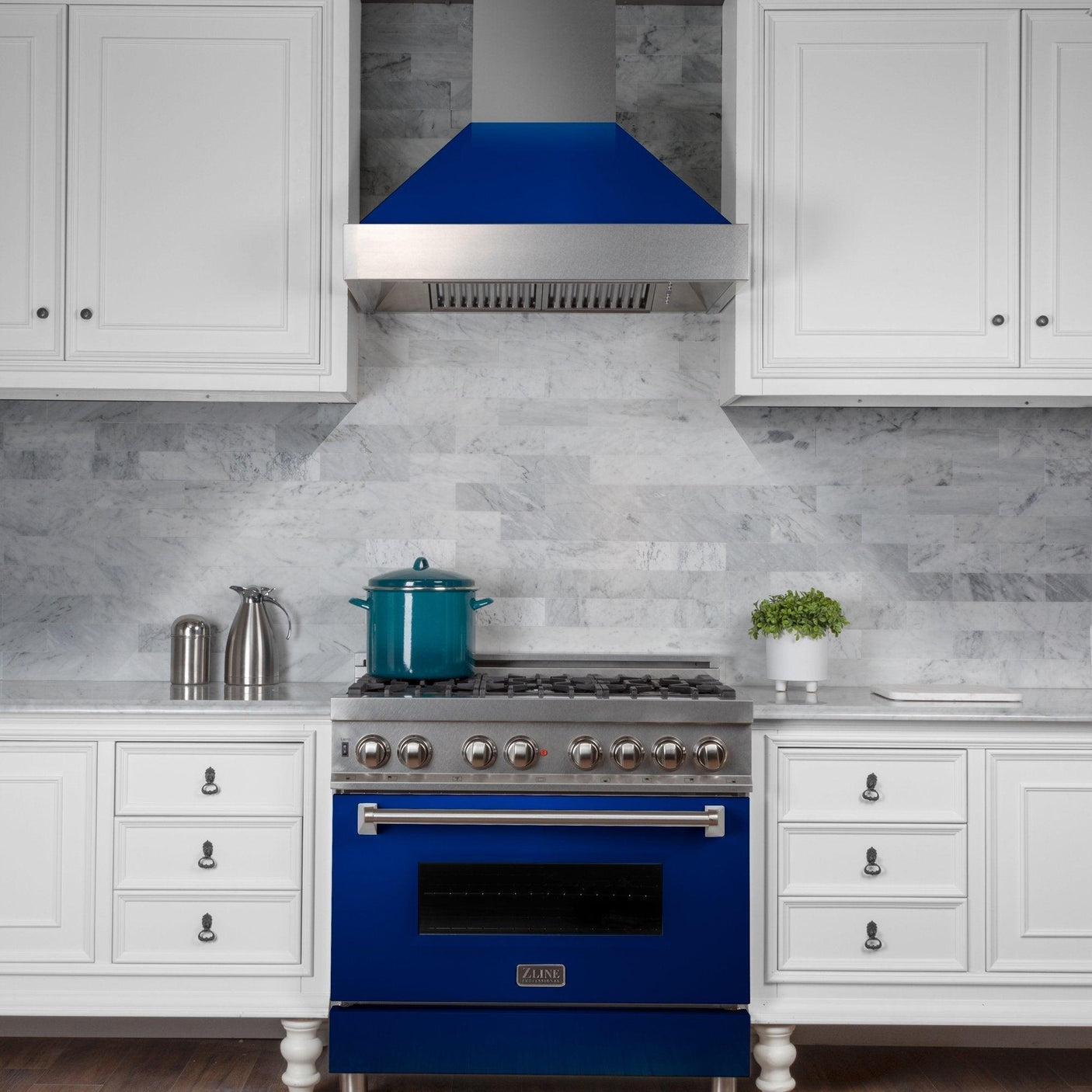 ZLINE Ducted DuraSnow Stainless Steel Range Hood with Blue Gloss Shell (8654BG)