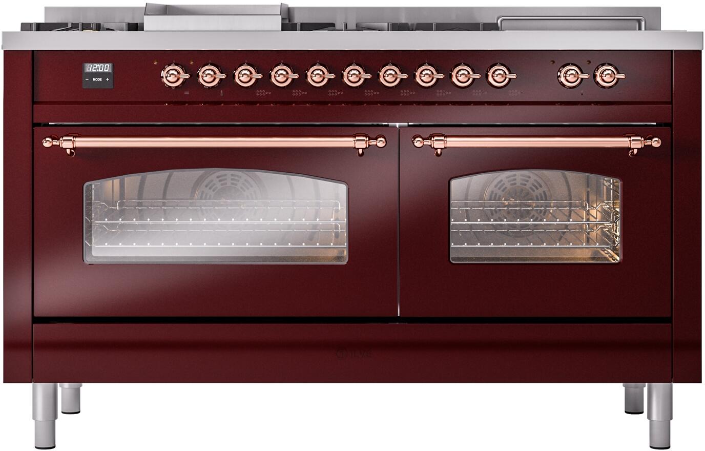 Nostalgie II 60 Inch Dual Fuel Natural Gas Freestanding Range in Burgundy with Copper Trim