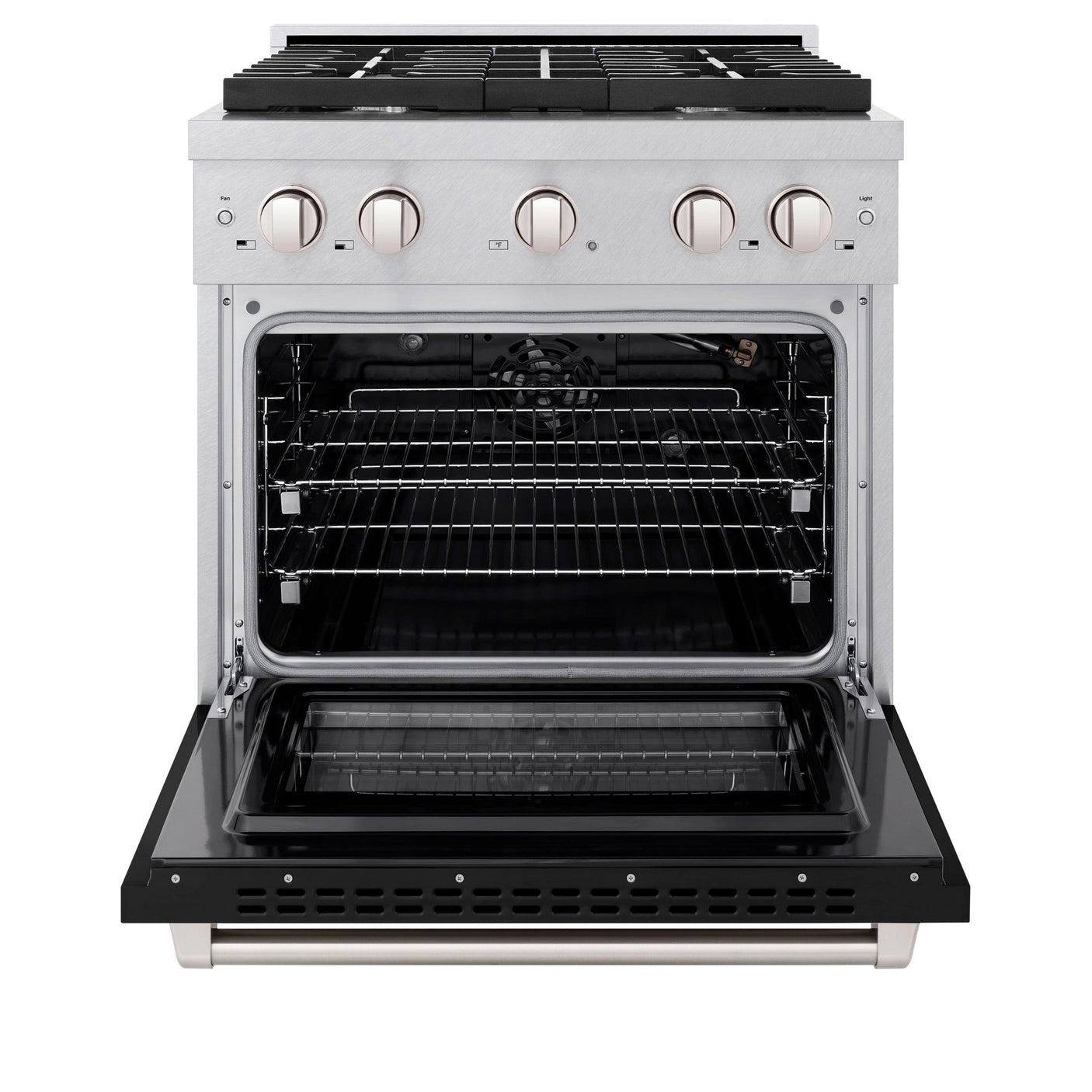 ZLINE 30 in. 4.2 cu. ft. 4 Burner Gas Range with Convection Gas Oven in DuraSnow' Stainless Steel with Black Matte Door (SGRS-BLM-30)