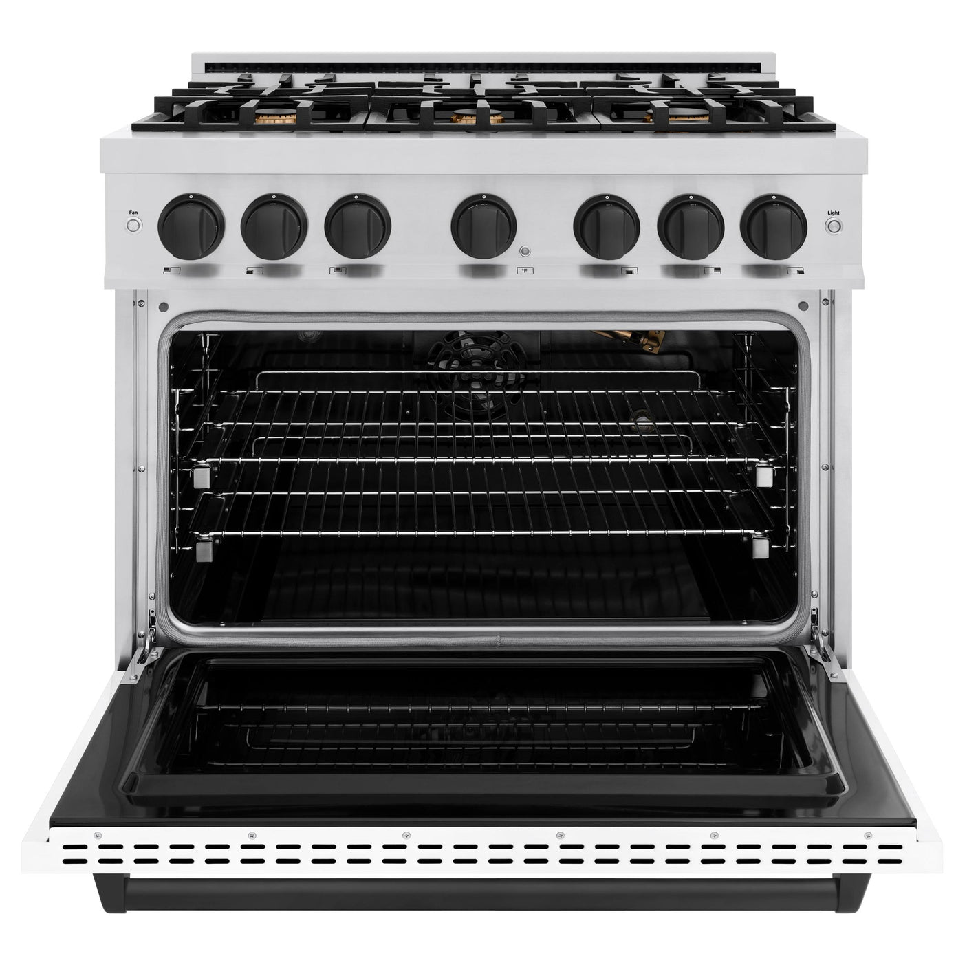 ZLINE Autograph Edition 36 in. 5.2 cu. ft. Classic Gas Range with 6 Burner Cooktop and Convection Gas Oven in Stainless Steel with White Matte Door and Matte Black Accents (CGRZ-WM-36-MB)