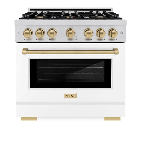 ZLINE Autograph Edition 36 in. 5.2 cu. ft. Select Dual Fuel Range with 6 Burner Gas Cooktop and Electric Convection Oven in Stainless Steel with White Matte Door and Champagne Bronze Accents (HDRZ-WM-36-CB)