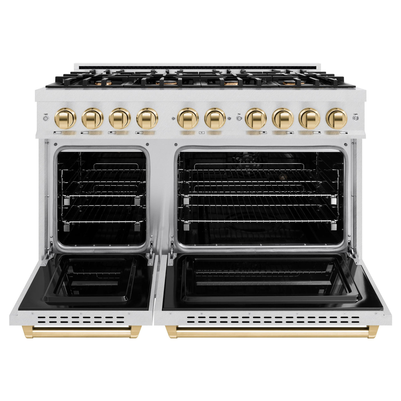 ZLINE Autograph Edition 48 in. 6.7 cu. ft. Classic Double Oven Gas Range with 8 Burner Cooktop in DuraSnow' Stainless Steel and Polished Gold Accents (CGRSZ-48-G)