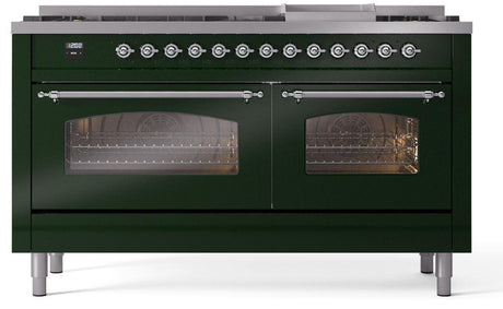 Nostalgie II 60 Inch Dual Fuel Natural Gas Freestanding Range in Emerald Green with Chrome Trim