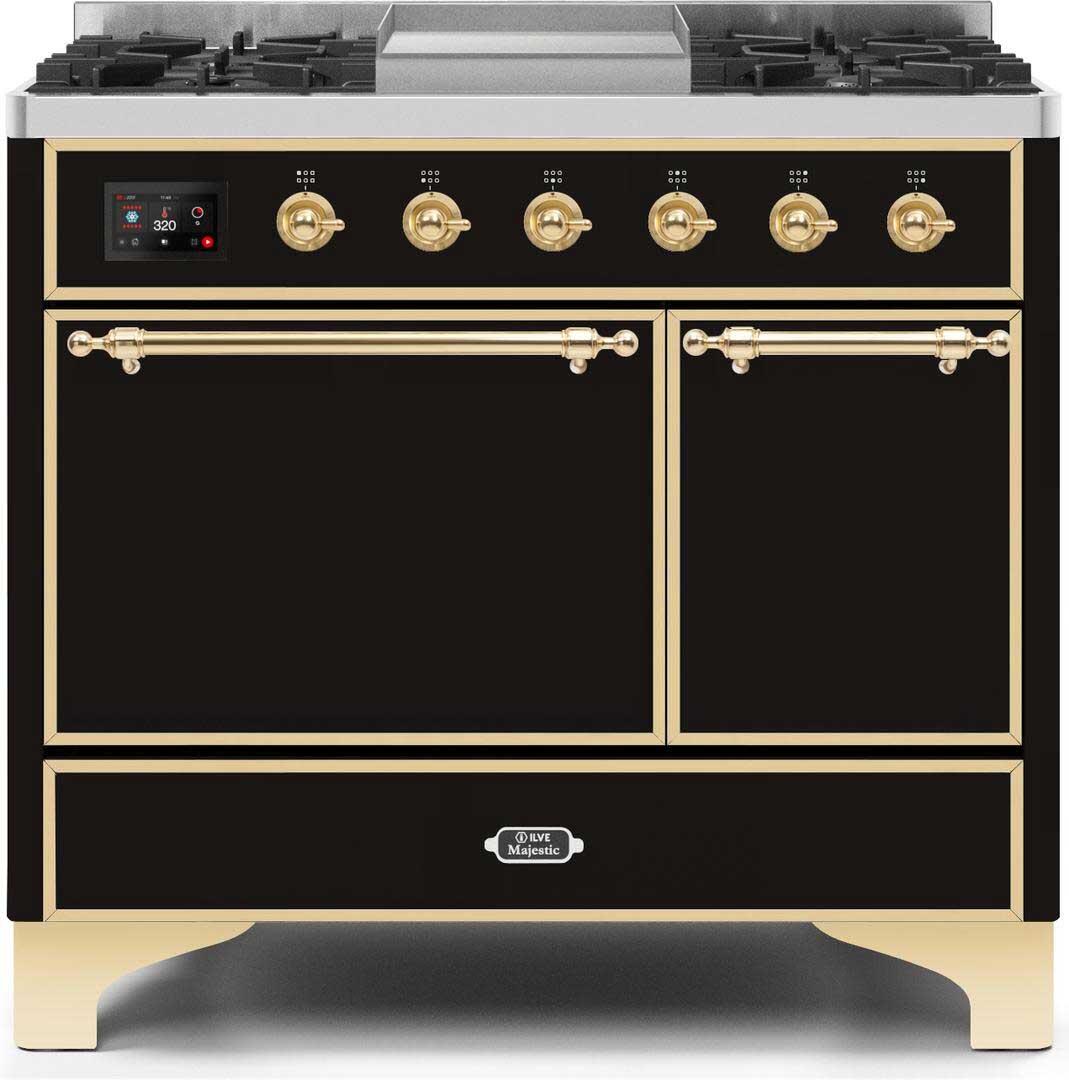 Majestic II 40 Inch Dual Fuel Natural Gas Freestanding Range in Glossy Black with Brass Trim