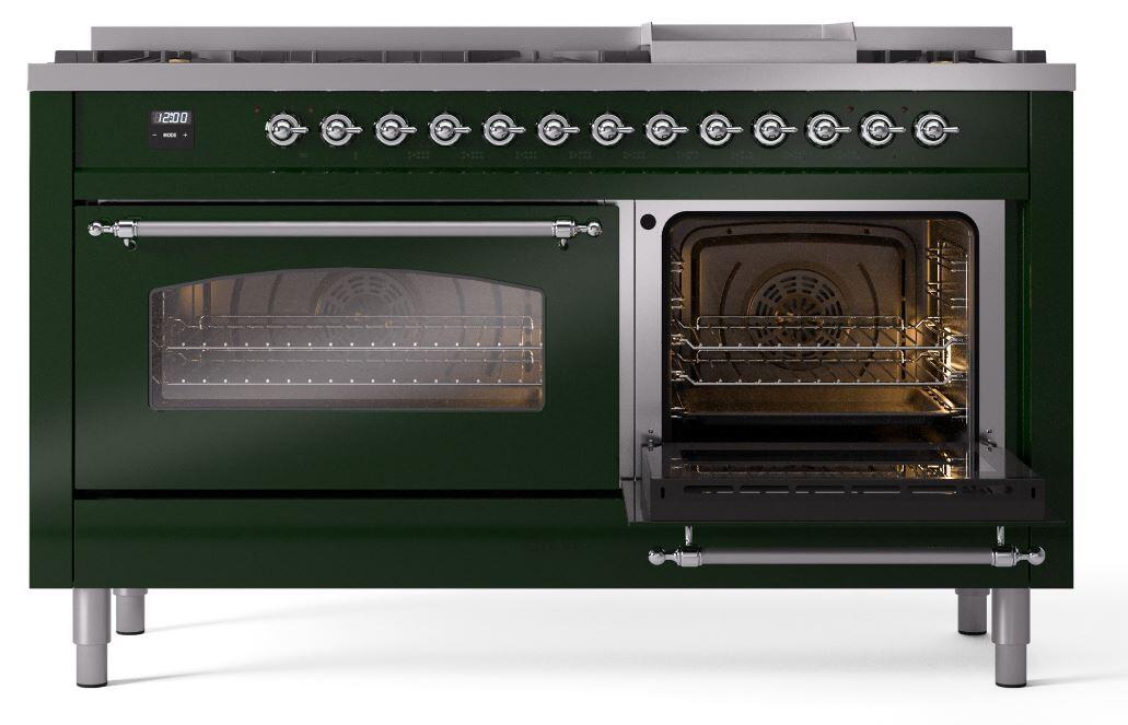 Nostalgie II 60 Inch Dual Fuel Natural Gas Freestanding Range in Emerald Green with Chrome Trim