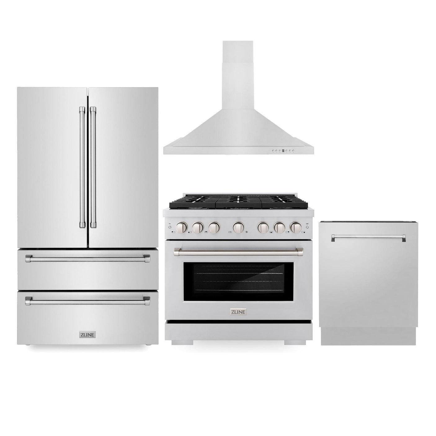 ZLINE Kitchen Package with Refrigeration, 36" Stainless Steel Gas Range, 36" Convertible Vent Range Hood and 24" Tall Tub Dishwasher (4KPR-SGRRH36-DWV)