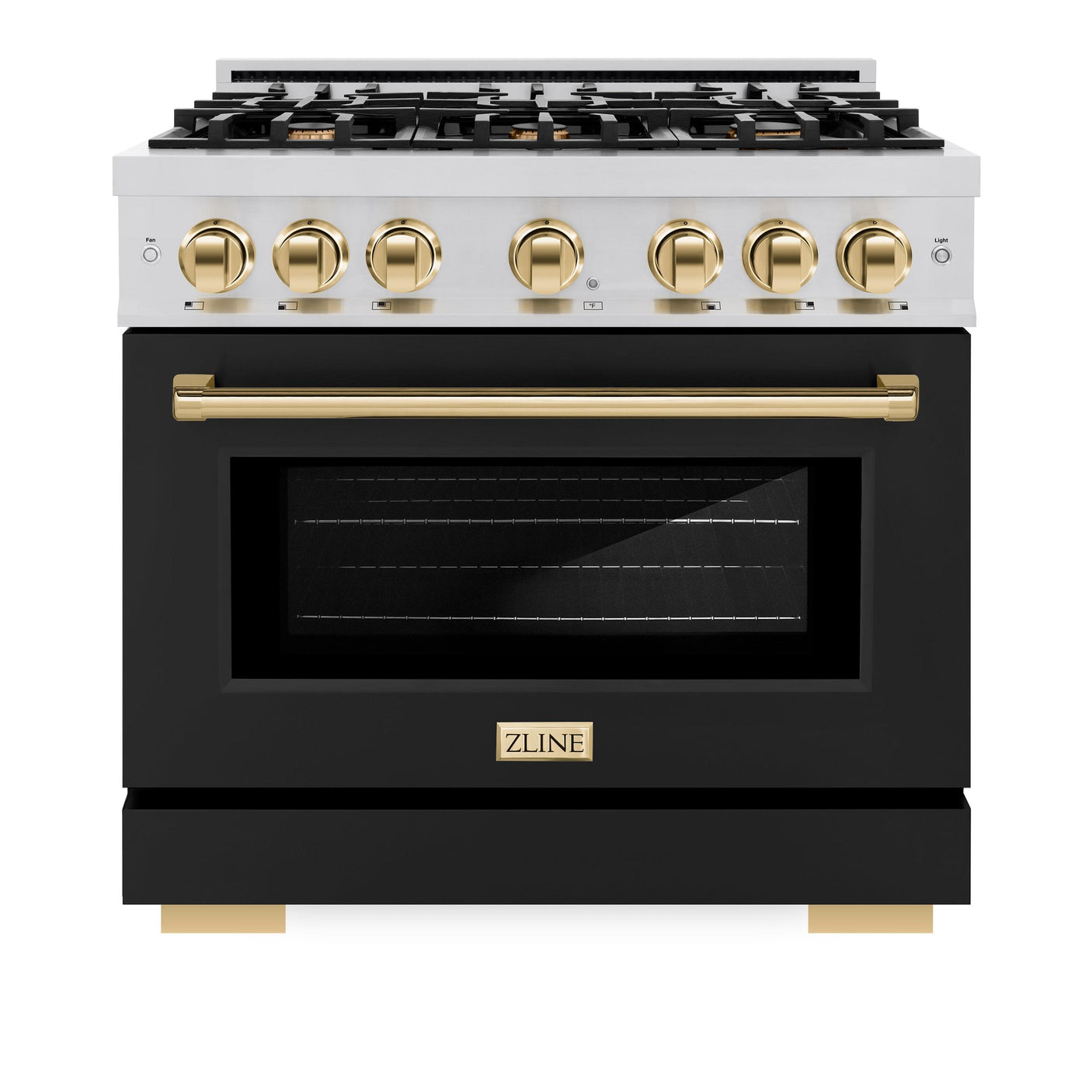 ZLINE Autograph Edition 36 in. 5.2 cu. ft. Select Gas Range with 6 Burner Cooktop and Convection Gas Oven in Stainless Steel with Black Matte Door and Polished Gold Accents (HGRZ-BLM-36-G)