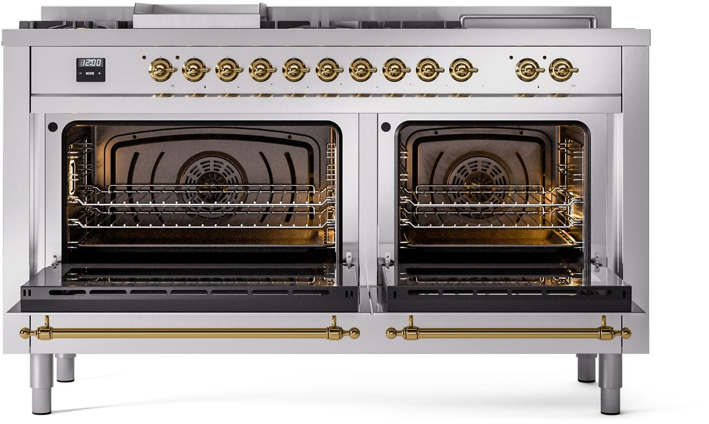 Nostalgie II 60 Inch Dual Fuel Natural Gas Freestanding Range in Stainless Steel with Brass Trim