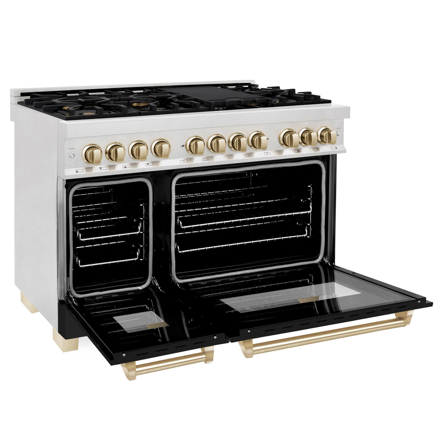 ZLINE Autograph Edition 48 in. 6.0 cu. ft. Dual Fuel Range with Gas Stove and Electric Oven in Fingerprint Resistant Stainless Steel with Black Matte Door and Polished Gold Accents (RASZ-BLM-48-G)