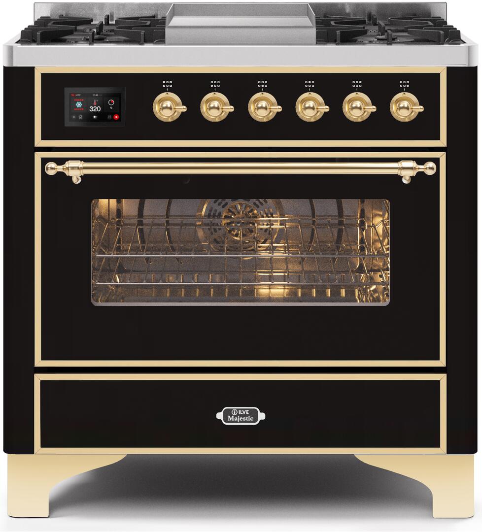 Majestic II 36 Inch Dual Fuel Natural Gas Freestanding Range in Glossy Black with Brass Trim