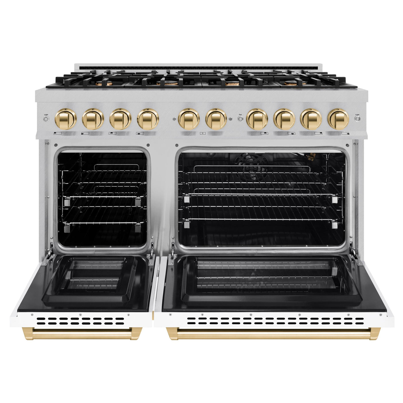 ZLINE Autograph Edition 48 in. 6.7 cu. ft. Select Double Oven Gas Range with 8 Burner Cooktop in DuraSnow' Stainless Steel with White Matte Doors and Polished Gold Accents (HGRSZ-WM-48-G)