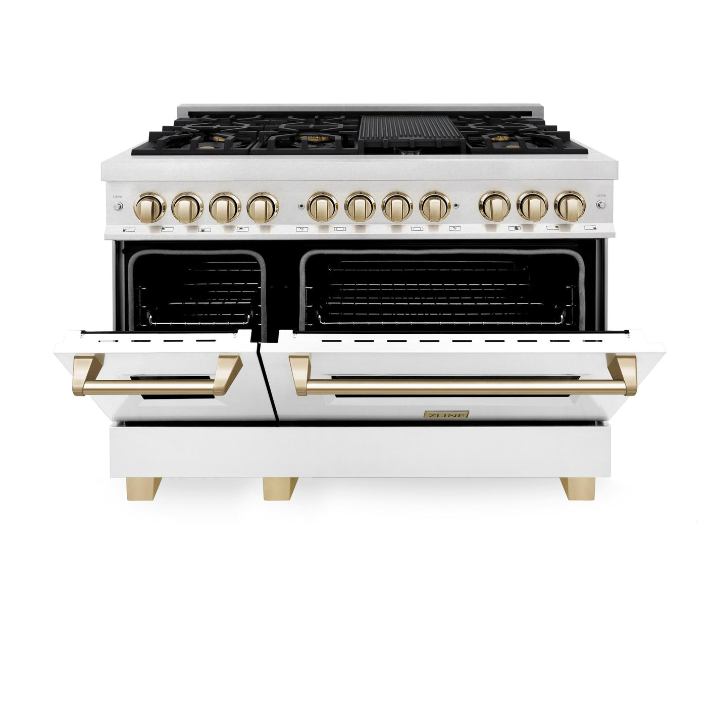 ZLINE Autograph Edition 48" 6.0 cu. ft. Dual Fuel Range with Gas Stove and Electric Oven in DuraSnow Stainless Steel with White Matte Door with Accents (RASZ-WM-48) [Color: Gold]