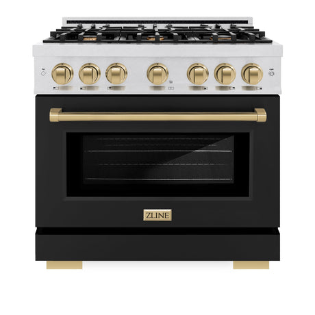 ZLINE Autograph Edition 36 in. 5.2 cu. ft. Select Dual Fuel Range with 6 Burner Gas Cooktop and Electric Convection Oven in DuraSnow' Stainless Steel with Black Matte Door and Champagne Bronze Accents (HDRSZ-BLM-36-CB)