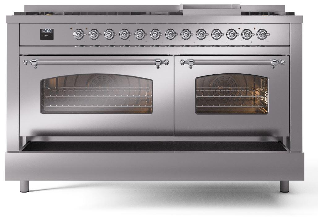 Nostalgie II 60 Inch Dual Fuel Natural Gas Freestanding Range in Stainless Steel with Chrome Trim