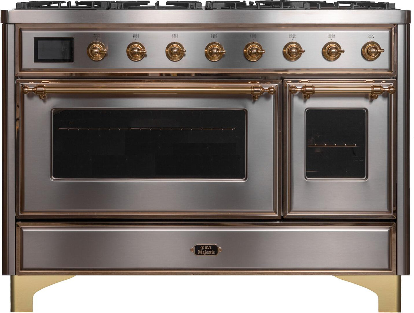 Majestic II 48 Inch Dual Fuel Natural Gas Freestanding Range in Stainless Steel with Brass Trim