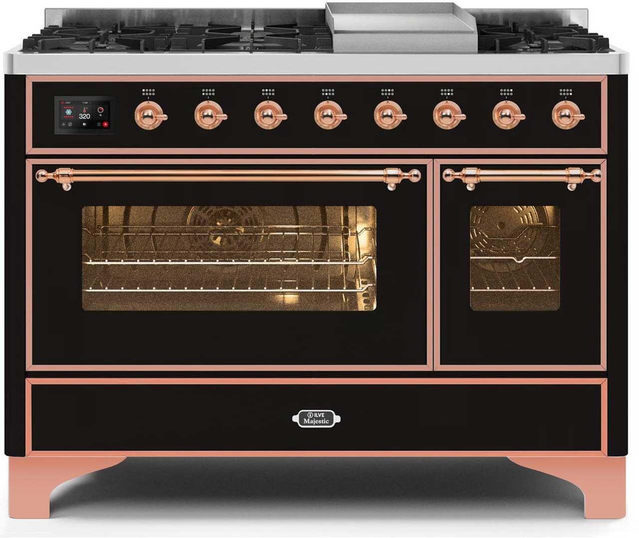 Majestic II 48 Inch Dual Fuel Liquid Propane Freestanding Range in Glossy Black with Copper Trim