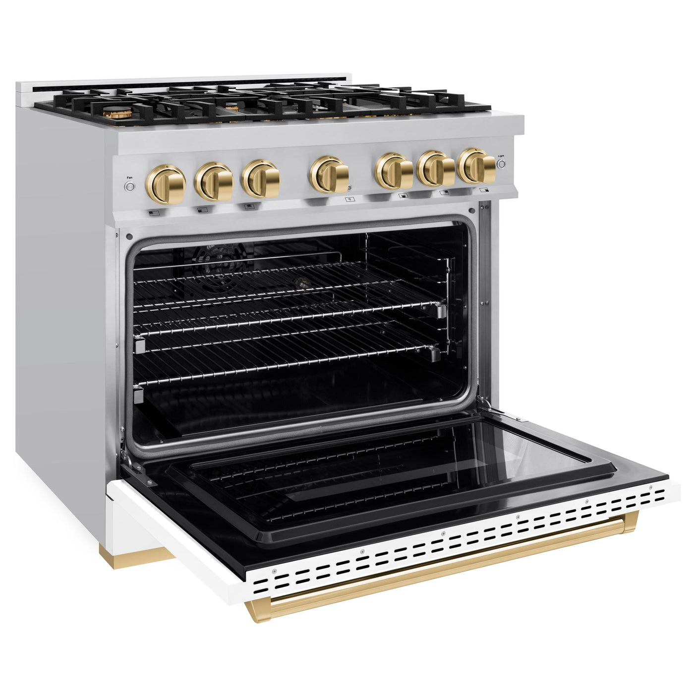 ZLINE Autograph Edition 36 in. 5.2 cu. ft. Classic Dual Fuel Range with 6 Burner Gas Cooktop and Electric Convection Oven in Stainless Steel with White Matte Door and Polished Gold Accents (CDRZ-WM-36-G)