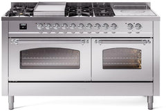 Nostalgie II 60 Inch Dual Fuel Natural Gas Freestanding Range in Stainless Steel with Chrome Trim