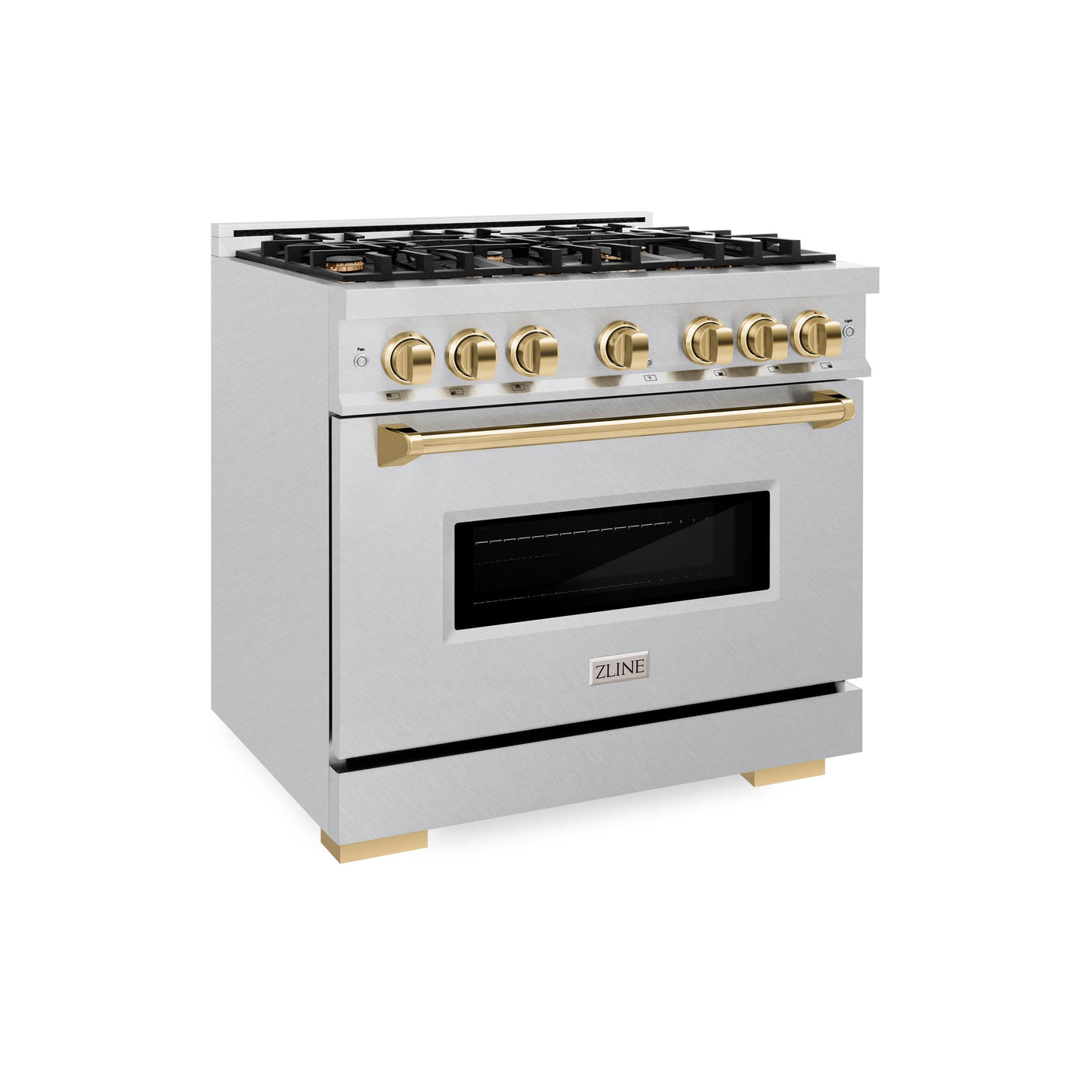 ZLINE Autograph Edition 36 in. 5.2 cu. ft. Classic Gas Range with 6 Burner Cooktop and Convection Gas Oven in DuraSnow' Stainless Steel and Polished Gold Accents (CGRSZ-36-G)