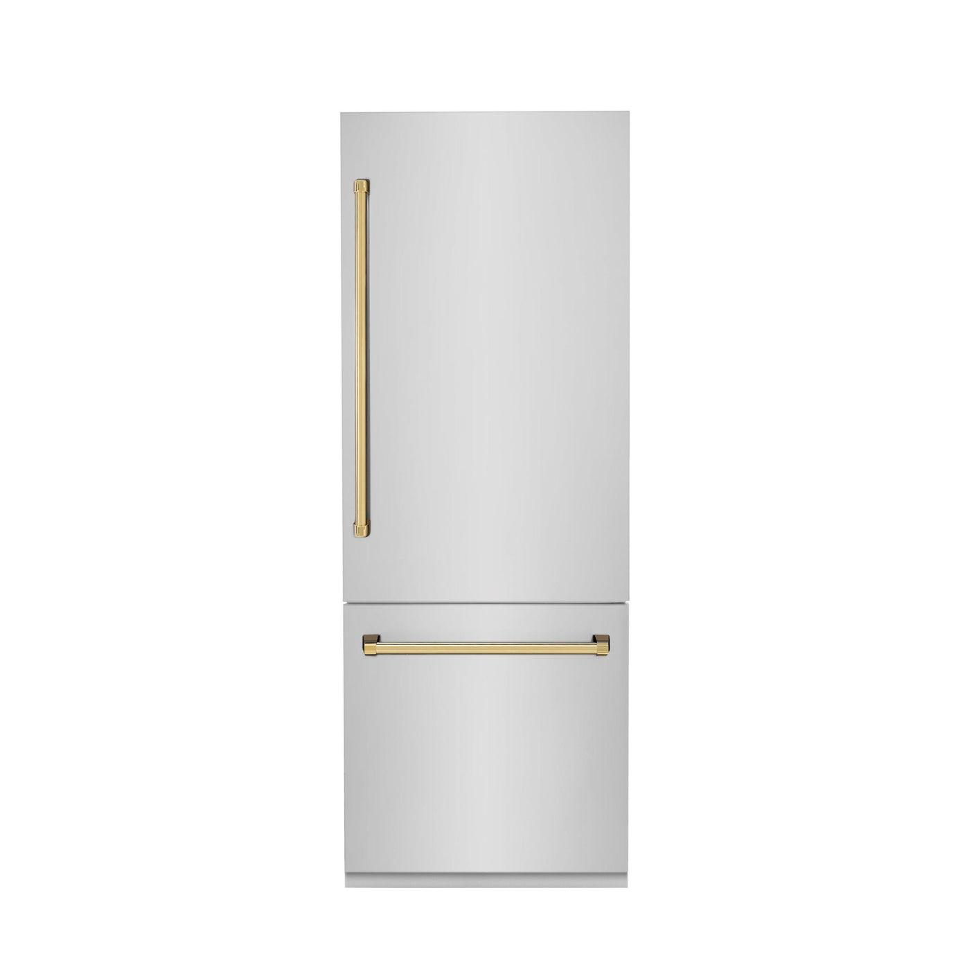 Products ZLINE 30? Autograph Edition 16.1 cu. ft. Built-in 2-Door Bottom Freezer Refrigerator with Internal Water and Ice Dispenser in Stainless Steel with Polished Gold Accents (RBIVZ-304-30-G)