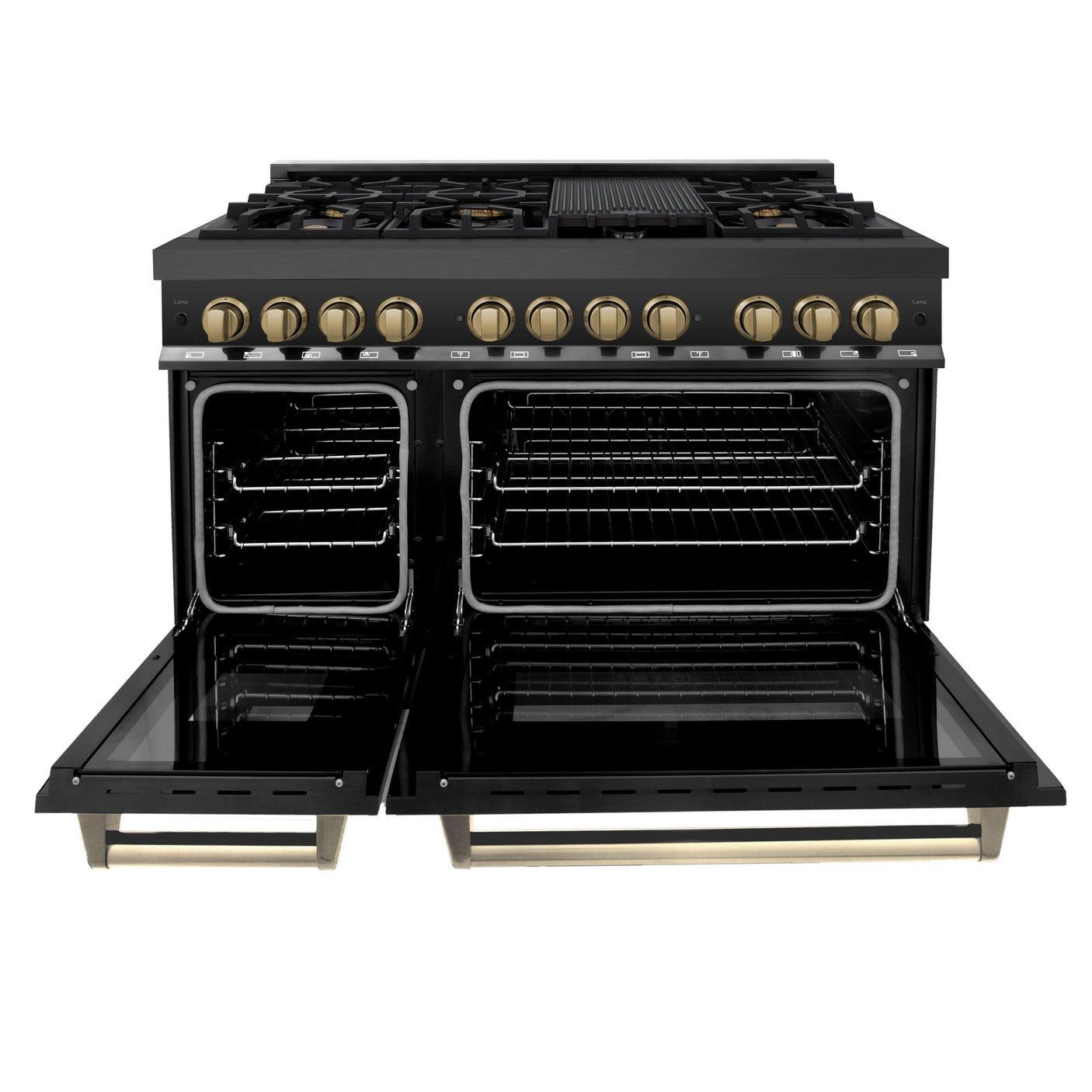 ZLINE Autograph Edition 48" 6.0 cu. ft. Dual Fuel Range with Gas Stove and Electric Oven in Black Stainless Steel with Accents (RABZ-48) [Color: Champagne Bronze]