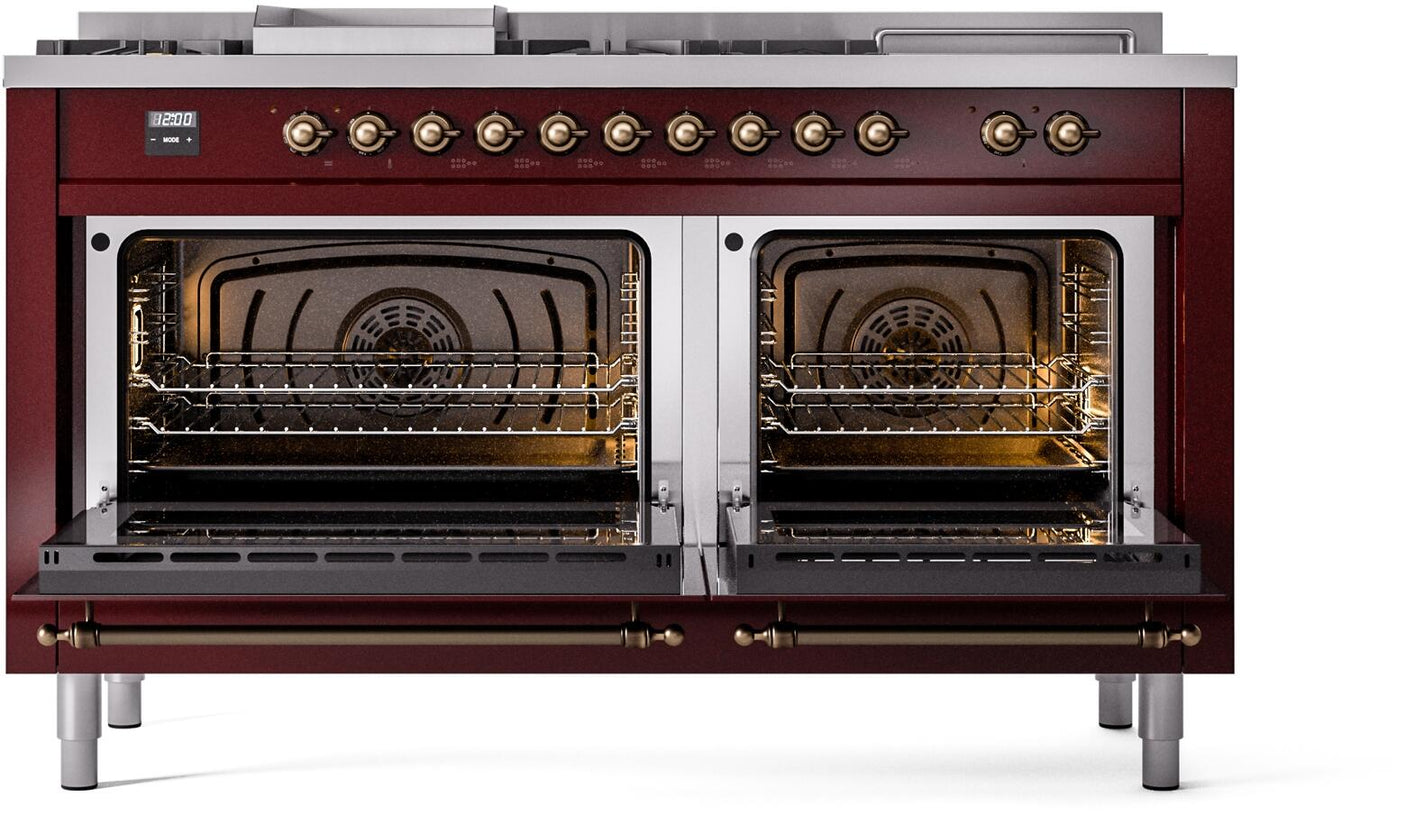 Nostalgie II 60 Inch Dual Fuel Liquid Propane Freestanding Range in Burgundy with Bronze Trim